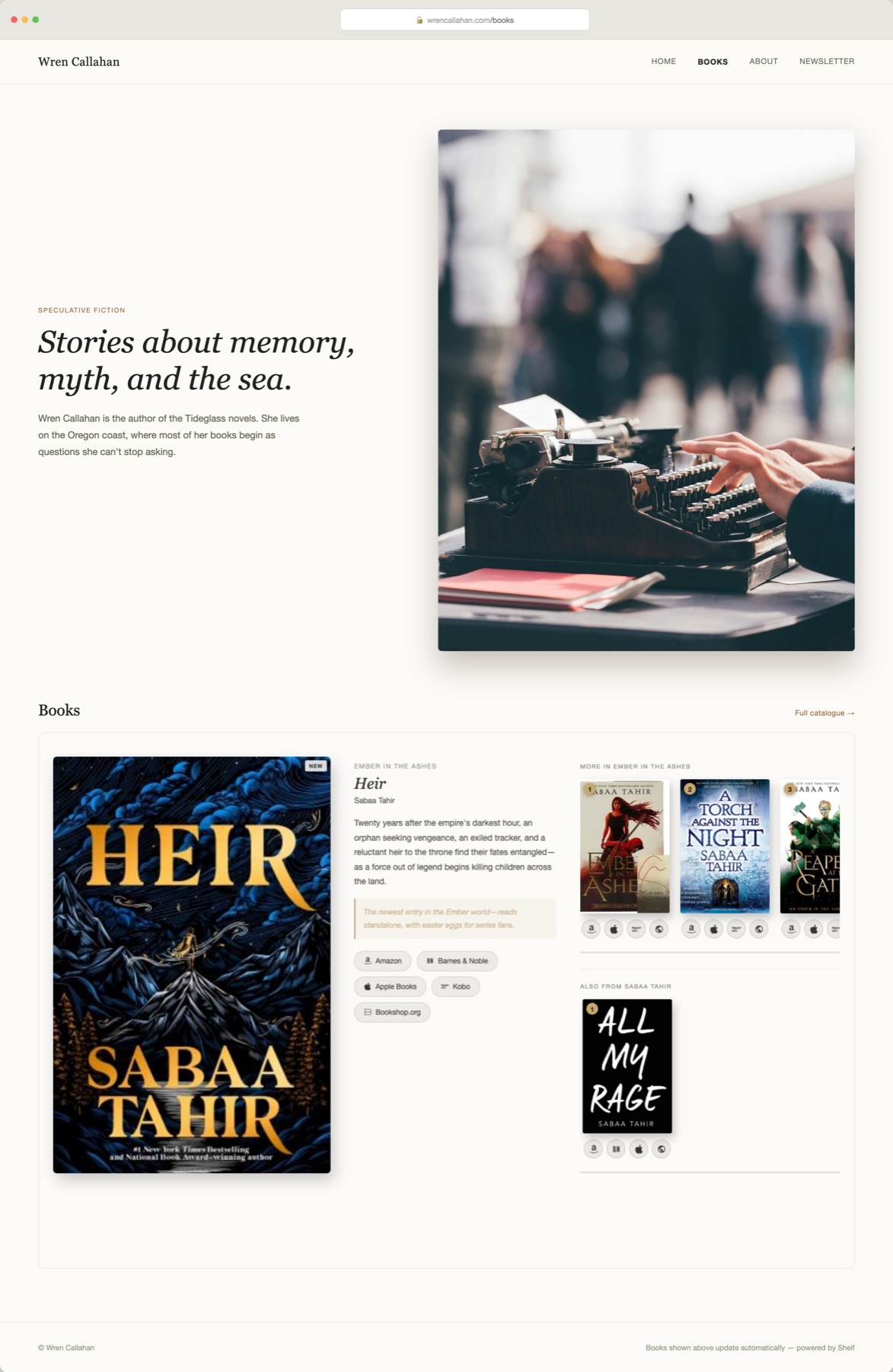The Shelf widget embedded on a fictional author website's Books page, shown inside a browser window